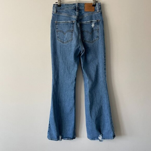 Levi's 70s High Rise Flare Leg Ripped Denim Dark Wash Casual Jeans Blue 25 - Picture 4 of 11